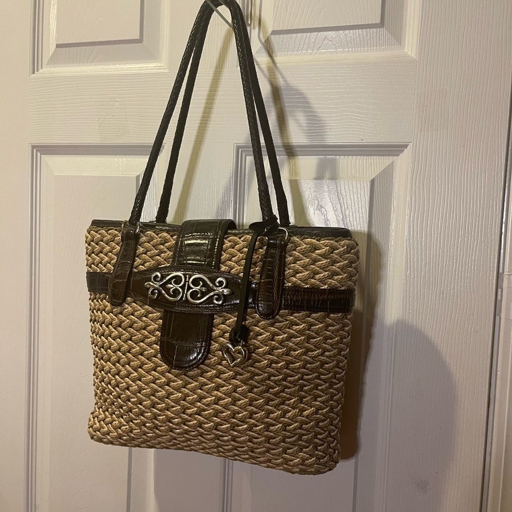 Brighton Woven Tri Color Straw tote bag, brown leather straps & trims . - Picture 2 of 13